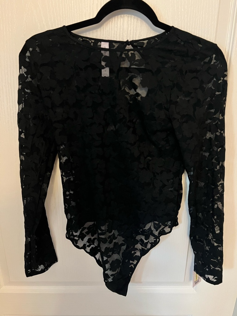 Auden Black Sheer Floral Lace Long-Sleeve Bodysuit